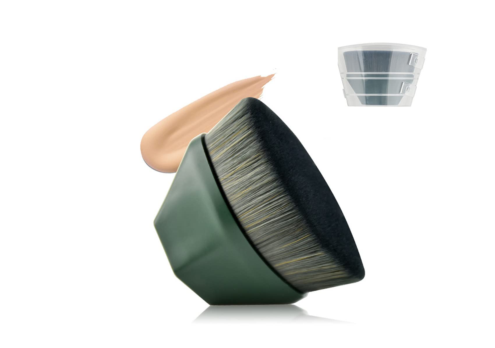 MENGHUONIAN Brochas Para Base De Maquillaje, Flat Top Kabuki Foundation Brush, Cream or Flawless Powder Cosmetics with Bonus Protective Case (Green)