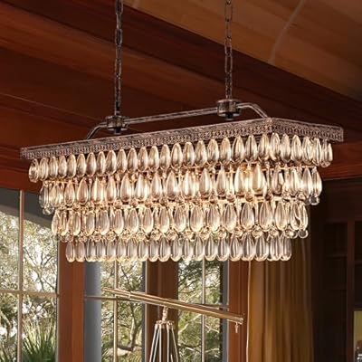 Wellmet Dining Room Crystal Chandelier,30 inch Antique Bronze Rectangle Crystal Ceiling Light,4 Lights Farmhouse Kitchen Island Lighting,Adjustable Hanging Light Fixtures