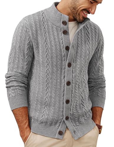 PJ PAUL JONES Cardigan for Men Cable Knit Long Sleeve Cardigans Regular Fit Button Up Fashion Sweater Light Grey