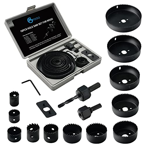 Gmtools Hole Saw Set, 16Pcs Hole Saw Kit With General Purpose 3/4" To 5"(19-127Mm) Saw Blades, Mandrels, Drill Bits, Installation Plate, Hex Key With Storage Case, Idear For Wood, Plywood, Pvc Board #TOP16