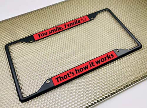 Image of Personalized with Custom Text Design - 4 Hole Black Metal Laser Engraved US Standard Size - Car License Plate Frame with Free caps - Red /Black Text (Qty: 1 Frame)
