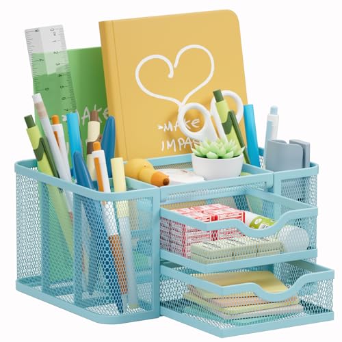 Marbrasse Organizador Escritorio Malla,Organizador Rotuladores con 2 Cajones,Accesorios Escritorio con 5 Compartimentos + Cajón,para Material de Oficina en Casa (Azul)