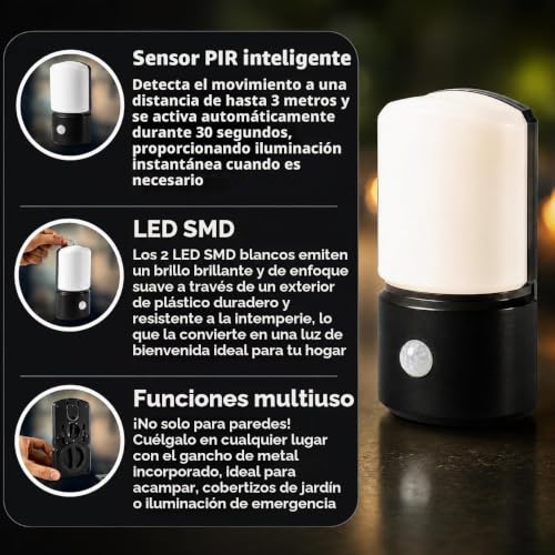 Lámpara de seguridad LED blanca a pilas con sensor de movimiento exterior resistente 6