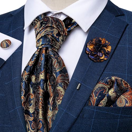 Image of DiBanGu Mens Silk Ascot Ties Paisley Jacquard Woven Cravat and Pocket Square Cufflinks with Lapel Pin for Business Wedding