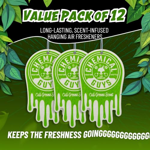 Image of Chemical Guys Hanging Car Air Freshener 12-Pack, Cali Greens Premium Fresh Floral & Refreshing Green Fragrance, Rearview Mirror Paper Fresheners for Cars, Trucks, SUVs, RVs & Boats