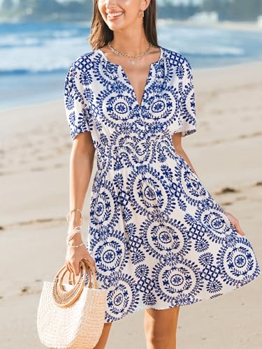 CUPSHE Womens Summer Dresses 2025 V Neck Short Sleeve Flowy A-line Beach Vacation Dress with Pockets3