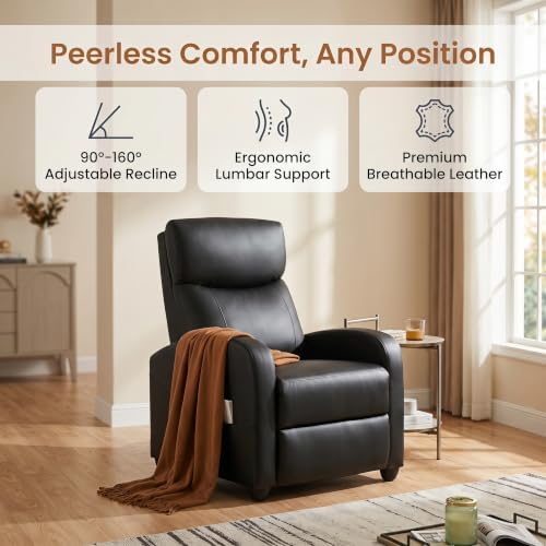 Image of Manual Recliner Chair, Oversized Lazy Boy Reclining Sofa with Adjustable Backrest & Extended Footrest, Ergonomic Single Recliner Couch for Home Theater Seating, Living Room, Bedroom, Black