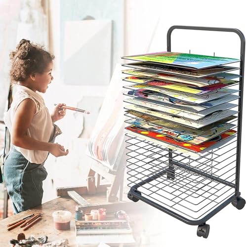 Étendoir à roulettes à 20 couches avec 20/25/35 étagères en fil d'acier avec revêtement en poudre noir Idéal pour la salle de classe et la maison UseArt Supplies nizer