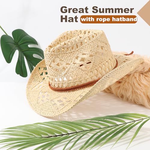 Image of DRESHOW Straw Cowboy Cowgirl Hat for Women Men Western Coastal Cowboy Beach Hat with Shapeable Brim Unisex Rolled up Caps