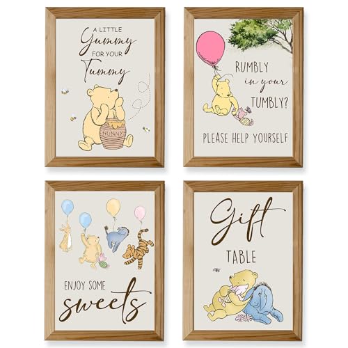 4PCS Winnie Table Sign Centerpieces Pooh Birthday Decorations A Little Yummy for Your Tummy for Baby Shower Decorations Welcome Baby Party Supplies(8x10in)