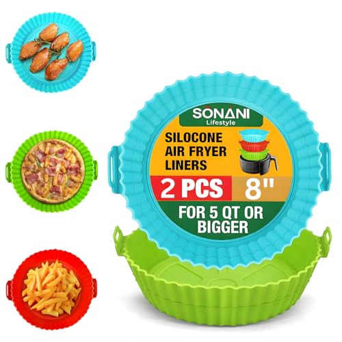 Image of Air Fryer Liners Pack of 2 - Round 8 Inch Silicone Air Fryer Liner, Reusable Baking Tray, Food Grade BPA Free, Heat Resistant 240C, Nonstick Pot with Handles, Fits 4-7 QT-Multicolor