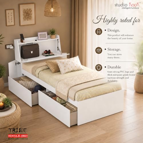 Image of Studio Kook Tribe Left Single Bed with Headboard Storage & 2 Drawers | Engineered Wood Bed | Fits 78 x 36 inch Mattress | Moonshine White | Mattress Not Included