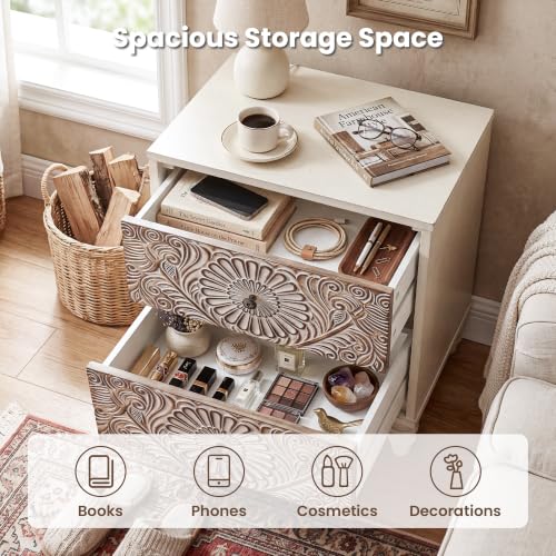 Image of HOMPUS 2-Drawer Farmhouse Nightstand, Fully Assembled Boho Night Stand, Vintage Accent End Table Bedside Table, Small Nightstand Organizer for Bedroom, Laundry, Distress White