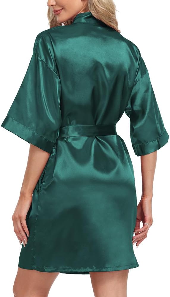 Women's Short Robe Silky Satin Pure Color Bathrobe Bridesmaid Bride Party Kimono V-Neck Sleepwear with Pockets - Image 4