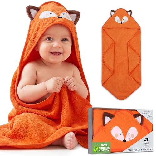 Mother's Choice Poncho pour bébé en coton bio avec capuche - 84 x 84 cm - Ultra doux et absorbant - Pour nouveau-nés, nourrissons - Motif renard orange 3D