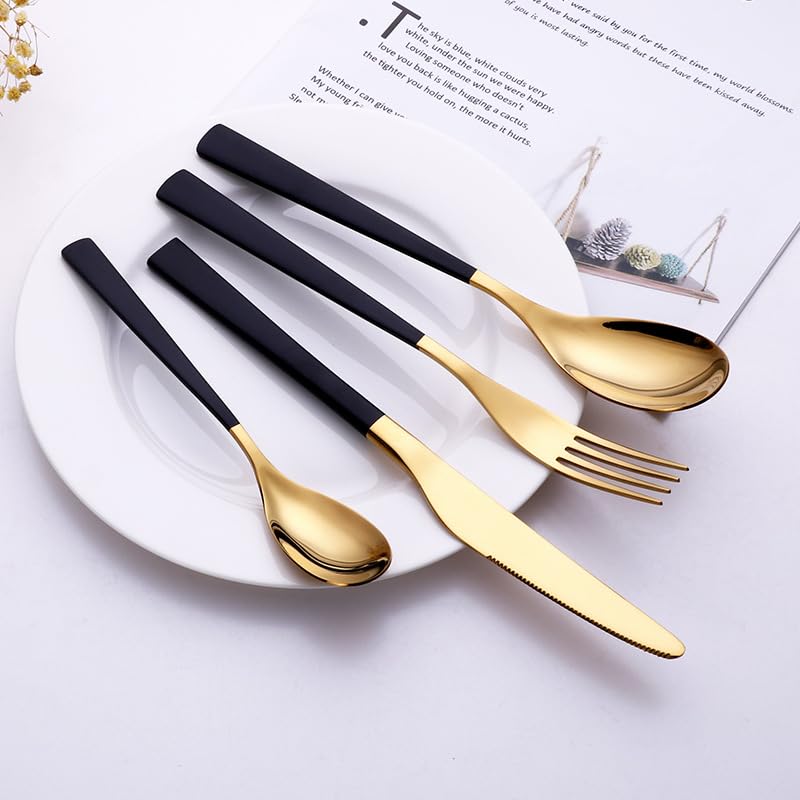 ONUIFIKE Silverware Set, 4/16/24/32/40/48 Pcs Stainless Steel 304 Steak Knife, Fork And Spoon Four-piece Set Hotel Household Tableware Dessert Spoon, Home Cutlery Flatware Set(Black Gold,32 Pieces fo