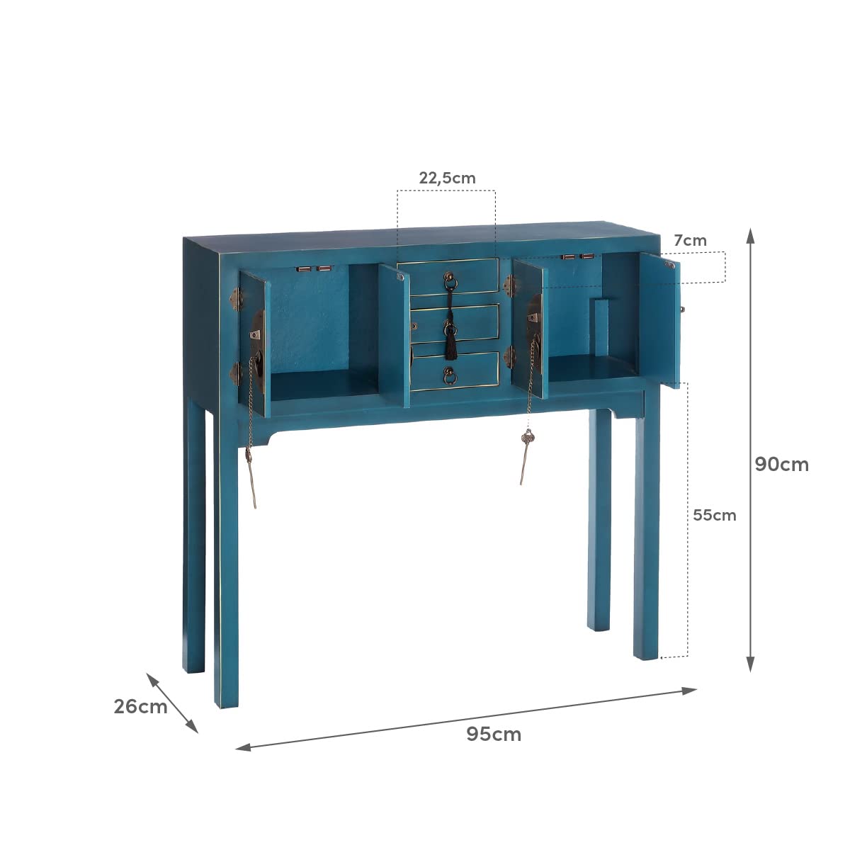 Consola oriental de madera azul con 3 cajones y 4 puertas de 90x95x26 cm | Diseño rústico artesanal con cierres de imán. Decora el recibidor o salón aportando personalidad y mucho almacenaje.