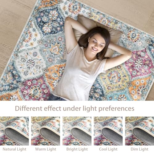Alfombra oriental vintage de 120x170 cm lavable antideslizante para comedor amarillo morado 7