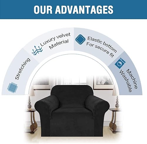 Miniatura 6 de H.VERSAILTEX Funda elástica de terciopelo para sofá de 3 plazas, funda de terciopelo elástico para sillón de 1 plaza, color negro