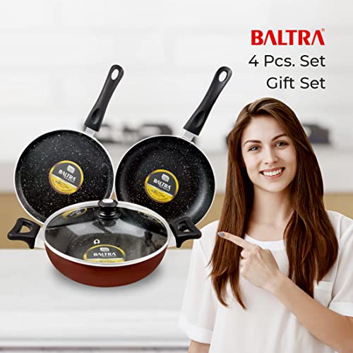 Image of BALTRA Induction Base Non-Stick Cookware Set 4 Pieces (1-Piece Non-Stick Kadhai (26cm) with Lid, 1-Piece Non-Stick Fry Pan (24cm), 1-Piece Non-Stick Dosa Tawa (24cm)) Red (BTN-211)