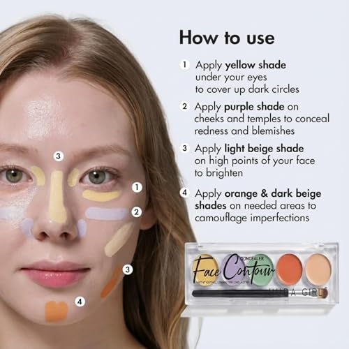 Image of HUDA GIRL Natural 5-Shades 3in1 Contour, Highlighter and Concealer Palette with Brush, 24Hrs Waterproof Formula with Orange for Dark Circles, Oil Control for Face Makeup Kit for Women