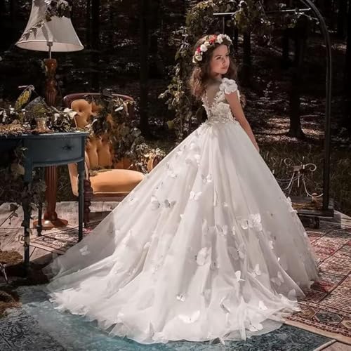 Girls' Lace Tulle Flower Girl Dresses 3D Floral First Holy Communion Dress for Kids Formal Prom Pageant Ball Gown3