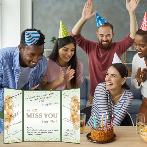 Image of DARUNAXY Green Gold Farewell Party Decorations for Women, We Will Miss You Very Much Alternative Signature Guest Book Girls Going Away Gifts Signing Card Board for Retirement Graduation Party Supplies