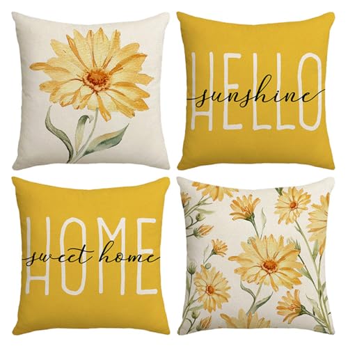 Auriselle Juego 4 Fundas de cojín Lino 45 x 45 cm, Funda sofá Decorativo Moderno, Estampado Floral, Funda de cojín Decorativo Estampada, salón, Dormitorio, Cremallera Invisible, Amarillo