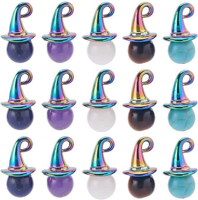 Theaque 1 Box 20Pcs Wizard Hat Charms Witch Hat Charm Halloween Rainbow Color Miniature Hat Charm Gemstone Bead Tiger Eye Amethyst Crystal Beads Magic Hat Charms for Jewelry Making Charms DIY Craft