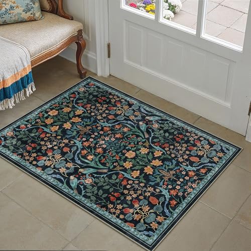2x3 Washable Blue Floral Area Rug for Living Room Non-Slip Soft Throw Rug for Kids Room Vintage Low Pile Stain Resistant Doormat for Entryway Front Door Kitchen Playroom 2'x3' Floral | Blue