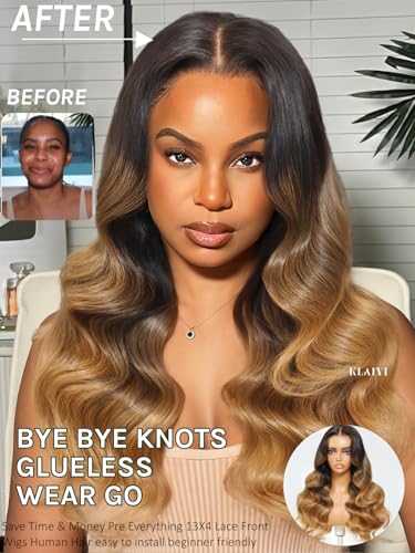 Image of KLAIYI Ombre Highlight Blonde Loose Wave Pre Everything Glueless 13x4 Lace Front Wigs Human Hair Drawstring Balayage Brown Pre Cut Pre Plucked Bleached Ready to Wear and Go Wig with Dark Roots 26Inch