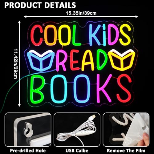 Image of Cool Kids Read Books Neon Sign for Wall Decor, Reading Led Signs for Library, USB Dimmable Neon Lights for Classroom Reading Corner Bedroom Study Room Home Book Club Motivational Wall Art