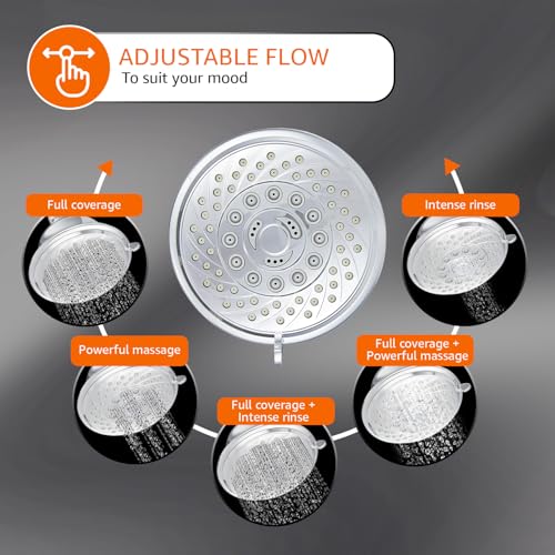 Image of Amazon Basics Shower Head for Bathroom | Round Multifunction 5-Spray Overhead Shower | Wall Mount Bathroom Shower with Pause Function, Chrome Finish, 3.9 Inches Wide Sprayface, CHROME finish