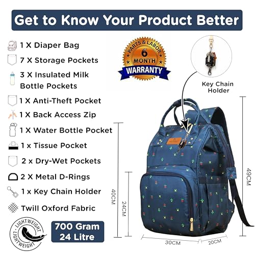 Image of Motherly Patented Diaper Bag Backpack for Moms | Waterproof Baby Travel & Maternity Bag | Spacious Nappy Bag with Insulated Bottle Pockets & Warranty (Floral Series)