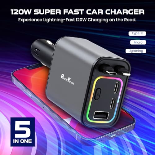 Image of PunnkFunnk 120W 5-in-1 Super Fast Car Charger | Multi-Port USB & Type-C Car Adapter with Display Screen, Telescopic Charging Cable, 4 Devices Simultaneous Charging - Compatible with iOS & Android