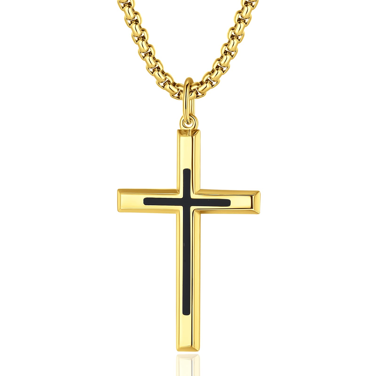 FANCIME Black Cross Necklaces Sterling Silver Cross Pendant Polished Long Necklace Fine Jewelry Christmas Gift for Men,Stainless Steel Box Chain