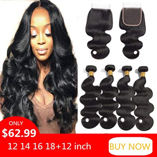 Brazilian Bundles with Closure Body Wave 10A Unprocessed Virgin Human Hair 4 Bundles with 4X4 Free Part Lace Closure Natural Color(12 14 16 18+12