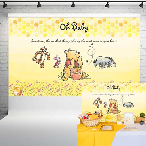 Yellow Winnie Bear Baby Shower Backdrop Watercolor Floral Vintage Pooh and Friends Background Birthday Party Banner for Cake