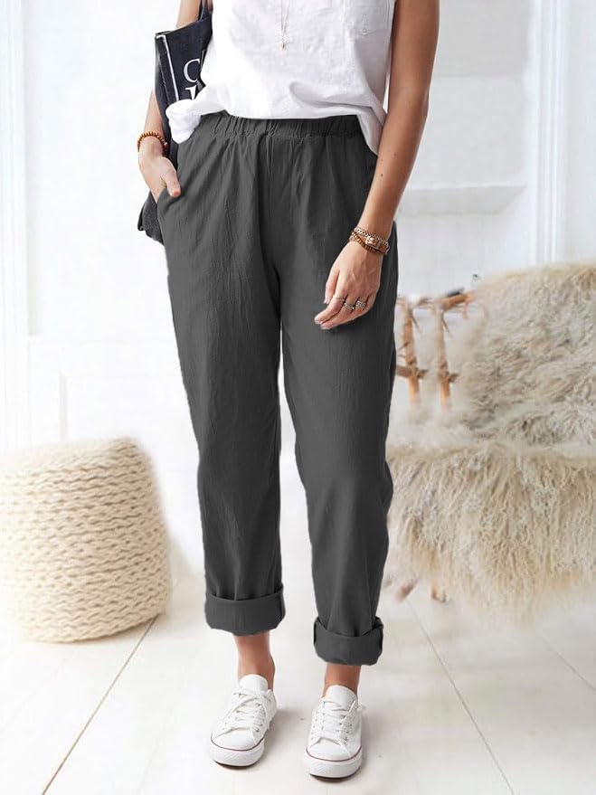 Women's Straight Pants Elastic Waist Casual Lounge Pants Trousers with Pockets Dark Gray4