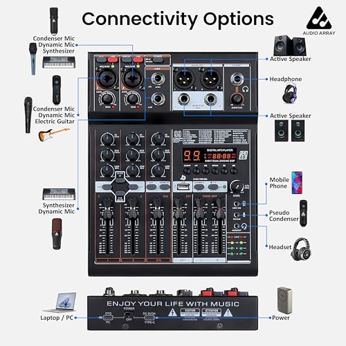 Image of Audio Array AM-Mix4 OTG 4-Channel 3 Out Hybrid USB Summing Audio Mixer (4 Analog + 2 Digital), 192kHz /24-Bit OTG, 99 DSP FX, Logarithmic Faders, Balanced XLR Out, Phantom Power, Hi-Z, 3-Band EQ