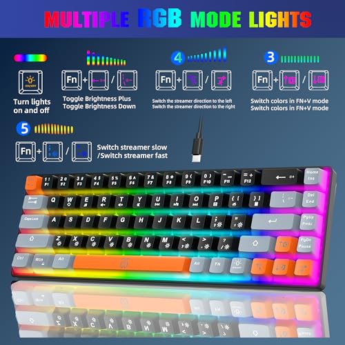 Image of Snpurdiri 60% Percent Gaming Keyboard, Compact RGB Backlit Small Gaming Keyboard for Windows, PC, Laptop (68 Keys, Black-Grey-Orange)