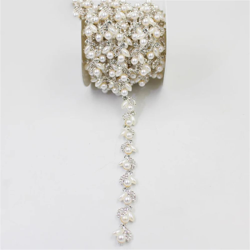 Generic 1/5Yards Leaf Flower Pearl Crystal Chain Decoration Sewing Rhinestone Trim for Dresses Clothing Silver Pearl 5 Yards