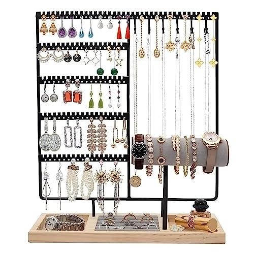 HINIHAO Earring Holder,5-Tier Ear Stud Holder with Wooden Tray, Jewelry Tower Rack with 108 Holes, 12 Hooks Necklaces Hanging, for Bracelets Earrings Rings Watches (Black)