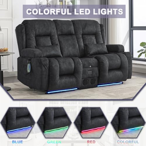Image of URRED Loveseat Recliner Sofa with Massage and Heat, Power Reclining Loveseat Sofa RV Couch with Console, Home Theater Seating with LED Lights, Bluetooth Speakers, USB, Outlets, Velvet, Dark Grey