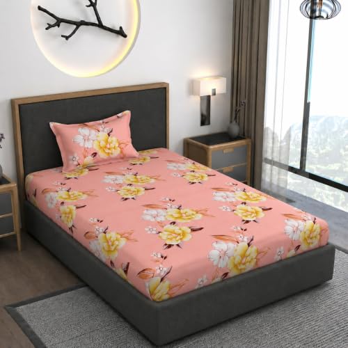 Image of Vaini Premium Heavy Cotton Elastic Fitted Bedsheets with 1 King Size Pillow Covers || Single Bed with All Around Elastic 350 TC || 36 x 78 x 6 Inch Single Size Fitted || :- Baby Pink Flower