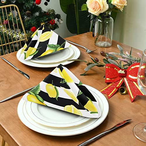 Aflyko Cloth Napkin Yellow Lemon Black Stripes Kitchen Dining Table Decor For Family Gathering Dinner Napkin Festive Holiday Seasonal Gift Winter Spring Summer Autumn 4 Pack 20" × 20" #TOP2