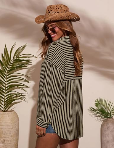 Fayenne Waffle Knit Button Down Shirts for Women Striped Long Sleeve Dressy Casual Tops Oversized Blouses Fall Outfits4