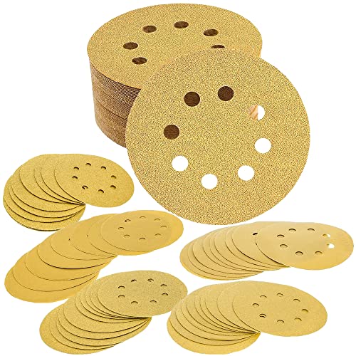 Schleifpapier 125mm Klett, 8 Löcher Schleifscheiben für Exzenterschleifer Schleifteller in Gold, 50 Stück Schleifpapier Set:60/80/120/220/320