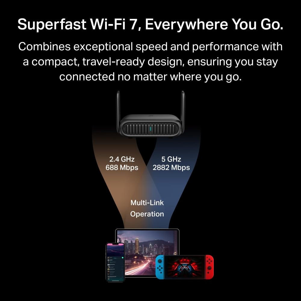 TP-Link TL-WR3602BE Wi-Fi 7 router podróżny, BE3600 Dual-Band WLAN, 2,5 Gb/s WAN, Gigabit LAN, USB 3.0, 7 trybów, OpenVPN/WireGuard, zasilanie powerbankiem, WPA3