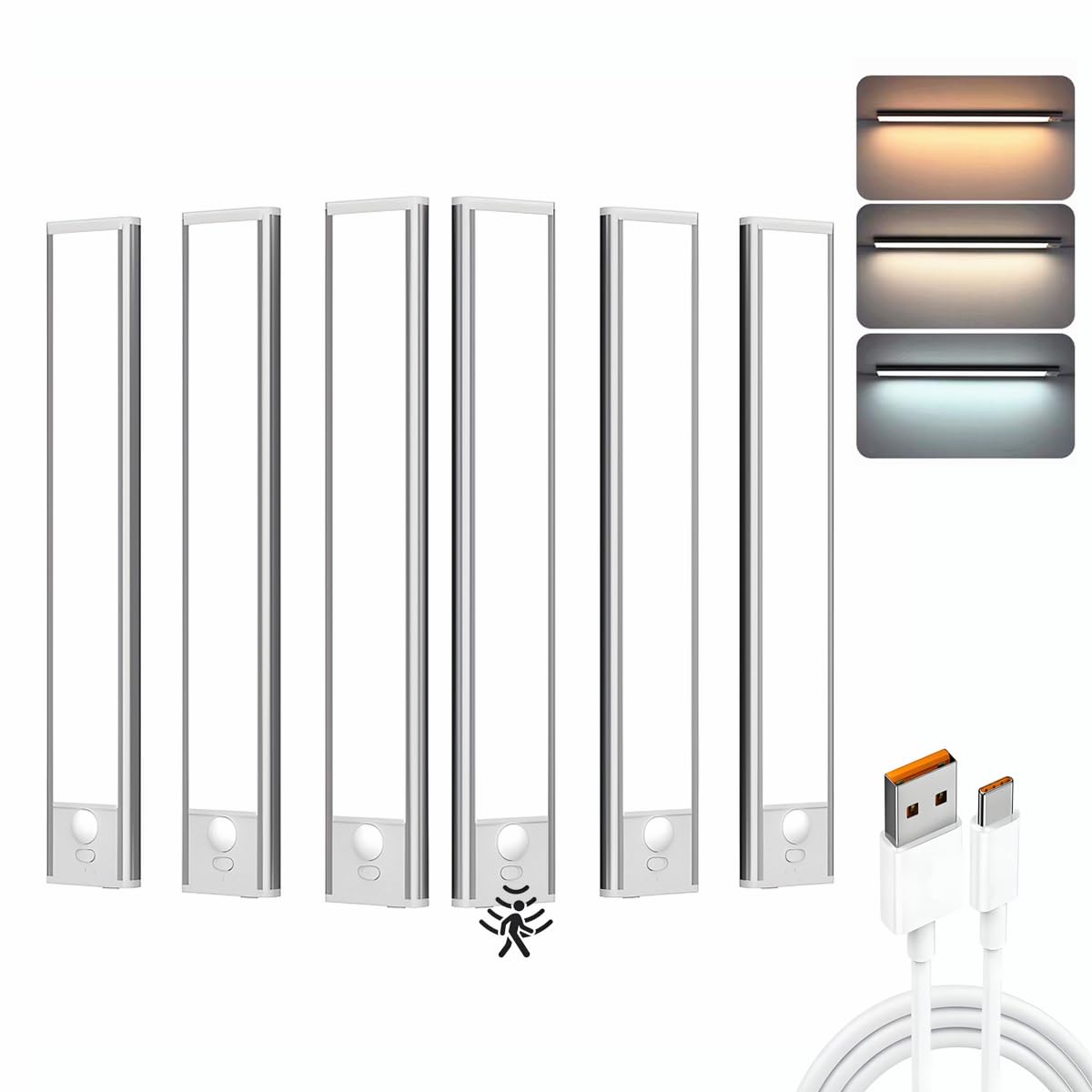 BLE Lighting Under Cabinet Light, 6 Pack Magnetic Motion Sensor Light Indoor, USB Rechargeable Battery Operated LED Closet Lights,3 Color dimmable Wireless Under Counter Lights for Kitchen, Stairs
